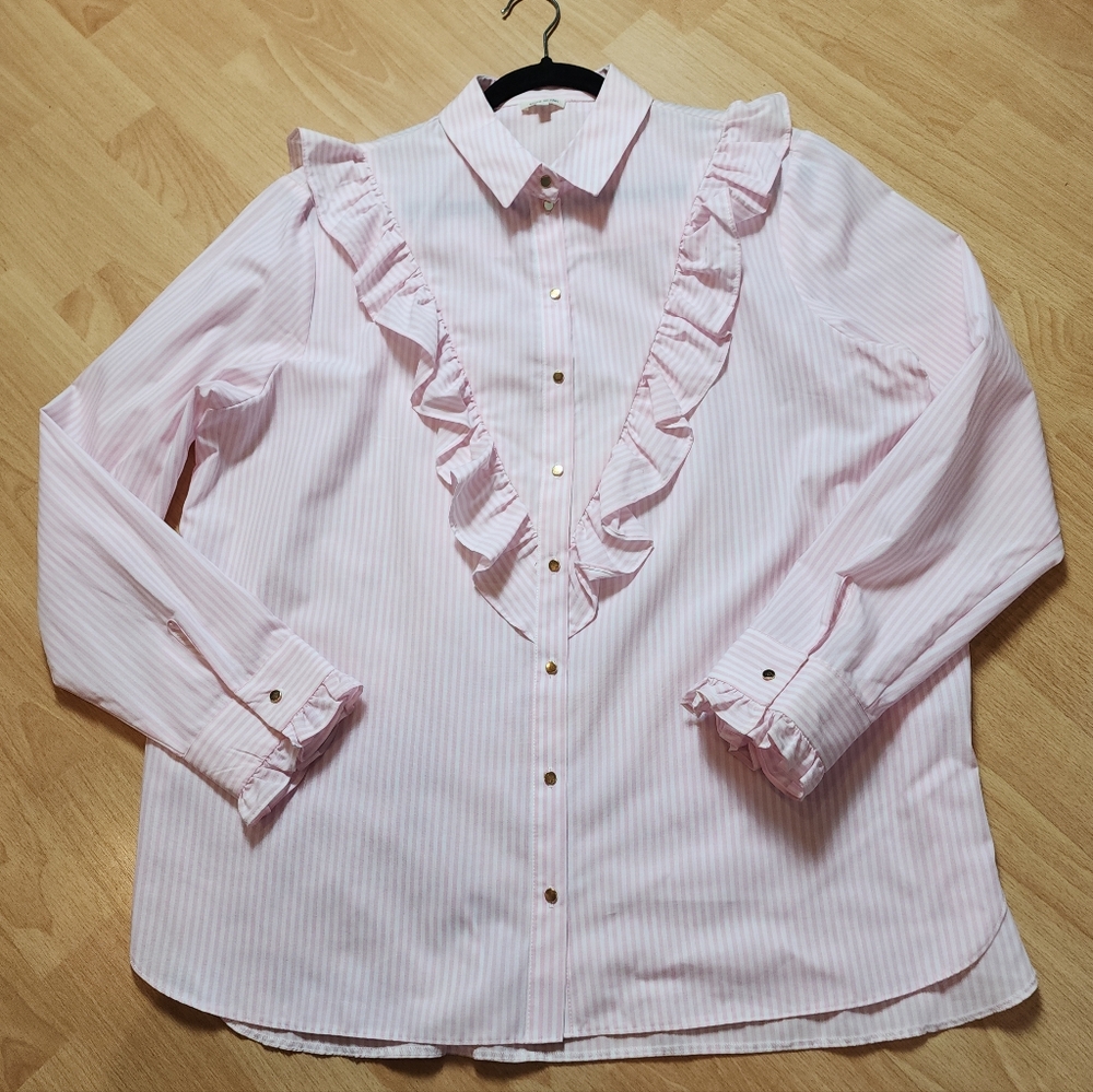 River Island Pink Stripe V Frill Ruffled Oversized Long Sleeve Button Shirt 14